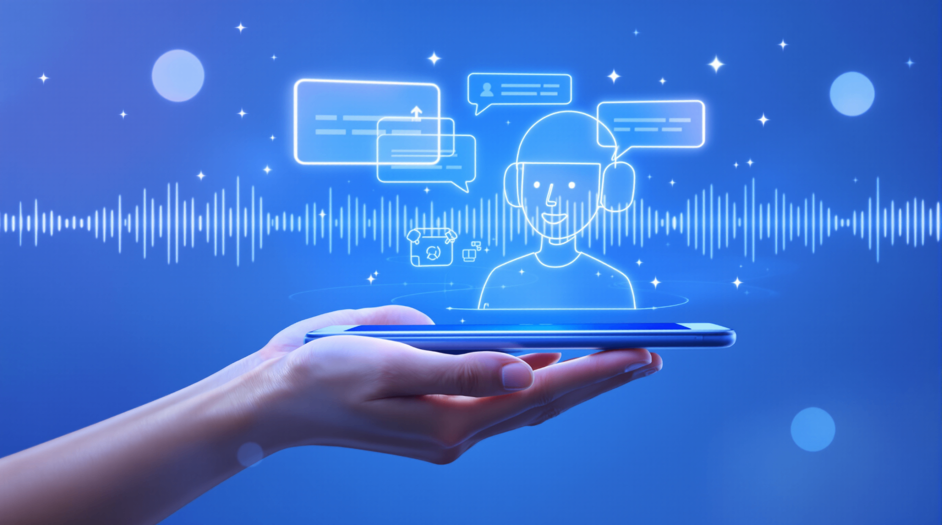 Top 5 Use Cases of AI in Fintech - Hand holding smartphone with AI virtual assistant and chatbot interface visualization in futuristic blue environment