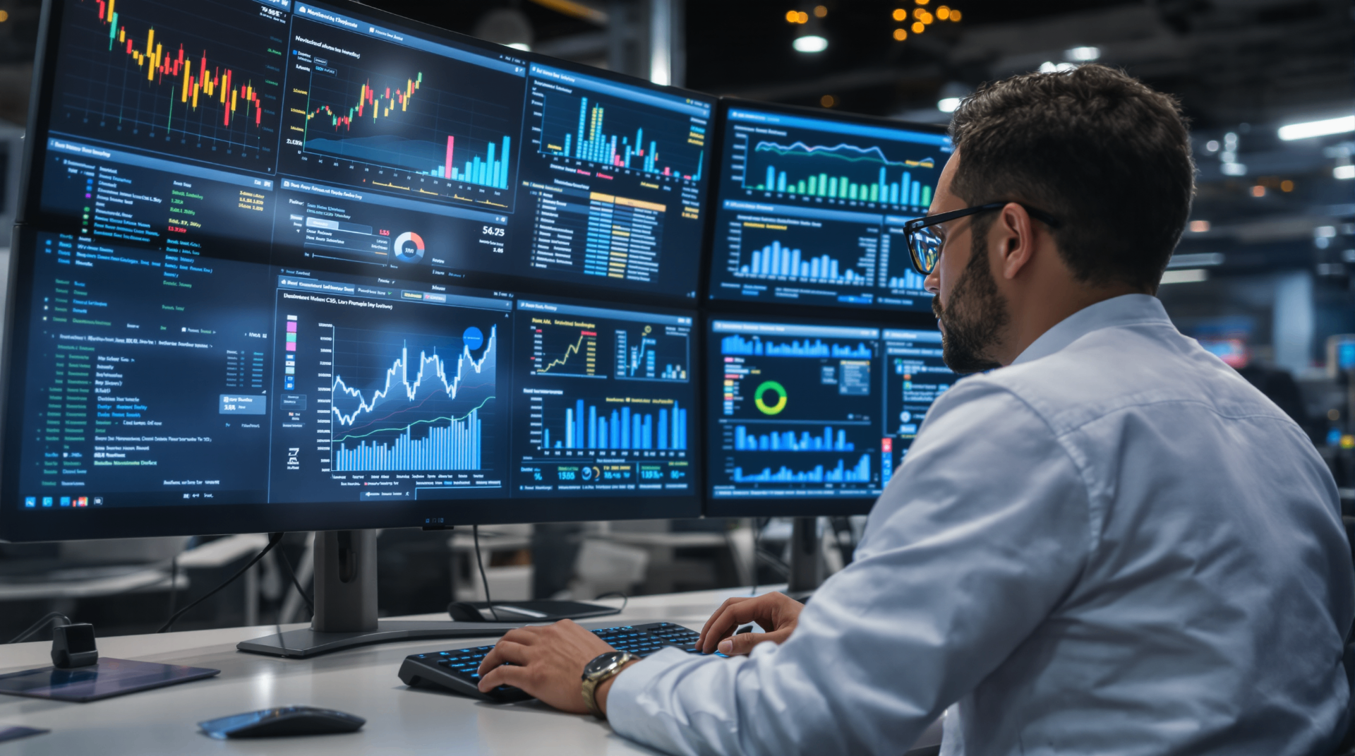 Demand Forecasting with Machine Learning: A Practical Guide - Data analyst working with multiple monitors displaying comprehensive machine learning forecasting dashboards and analytics