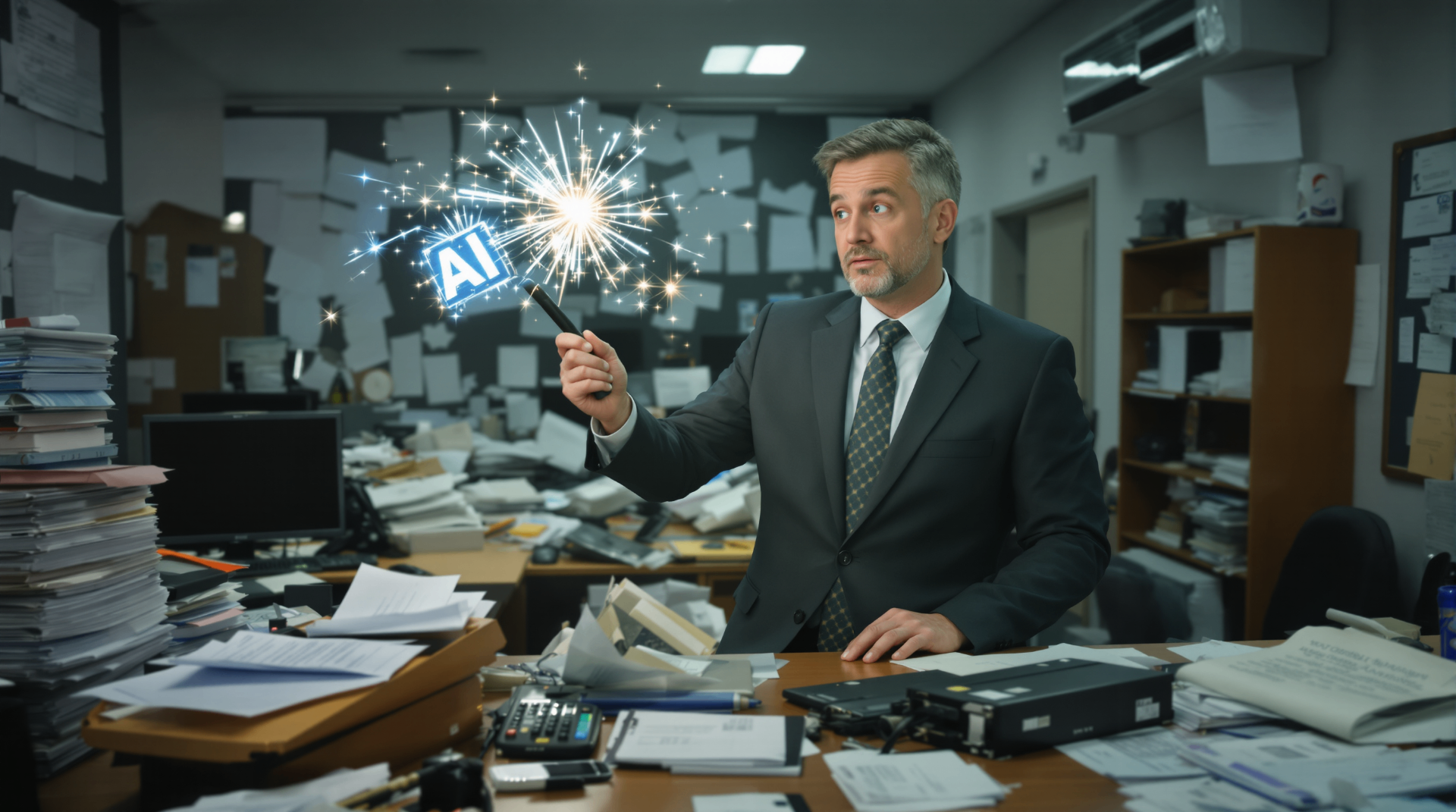 Top 10 Mistakes Companies Make When Implementing AI - Business executive with magic wand creating AI sparks in messy office environment