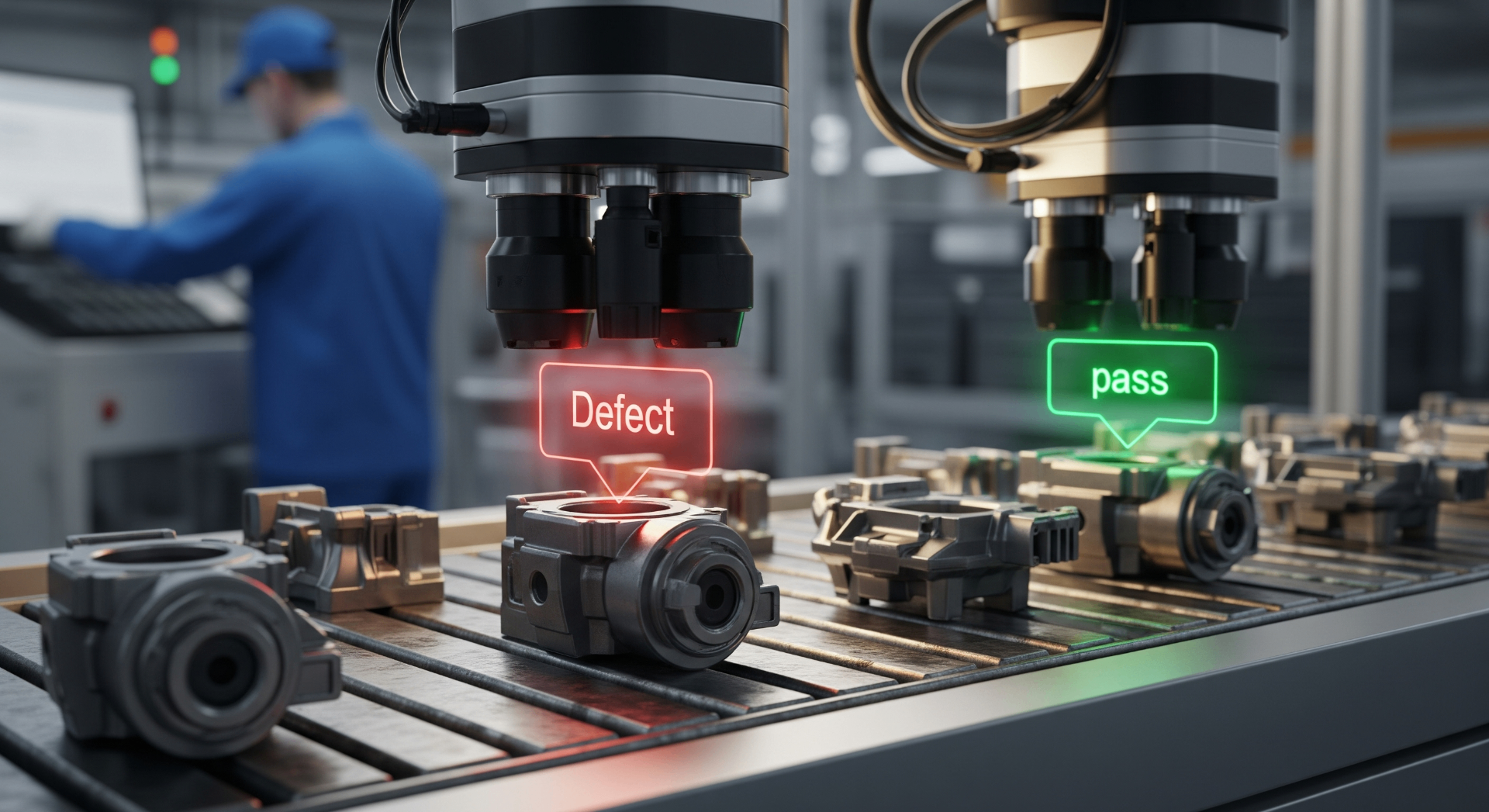 AI in Manufacturing: From Automation to Optimization - Manufacturing worker monitoring smart factory operations with digital interfaces and robotic systems