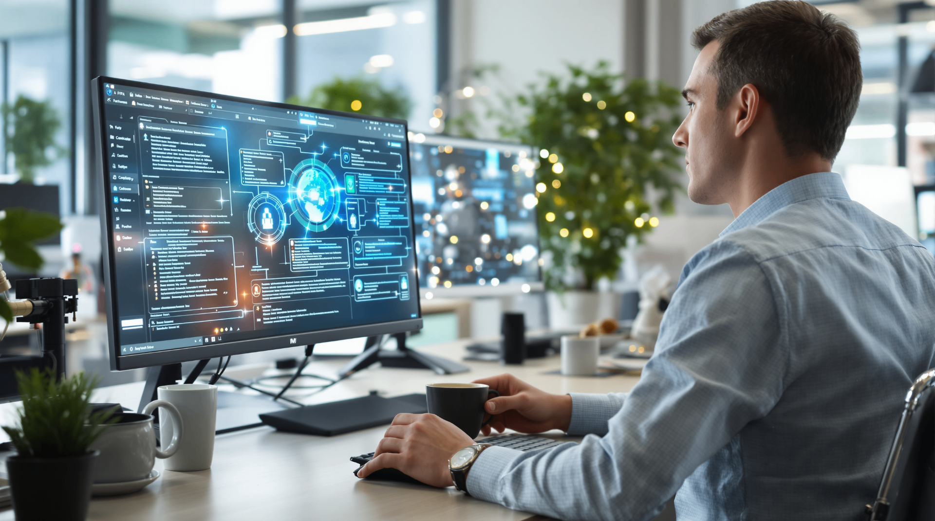 What Is Business Process Efficiency and How AI Helps Improve It - Cybersecurity specialist analyzing security monitoring systems with advanced threat detection interfaces