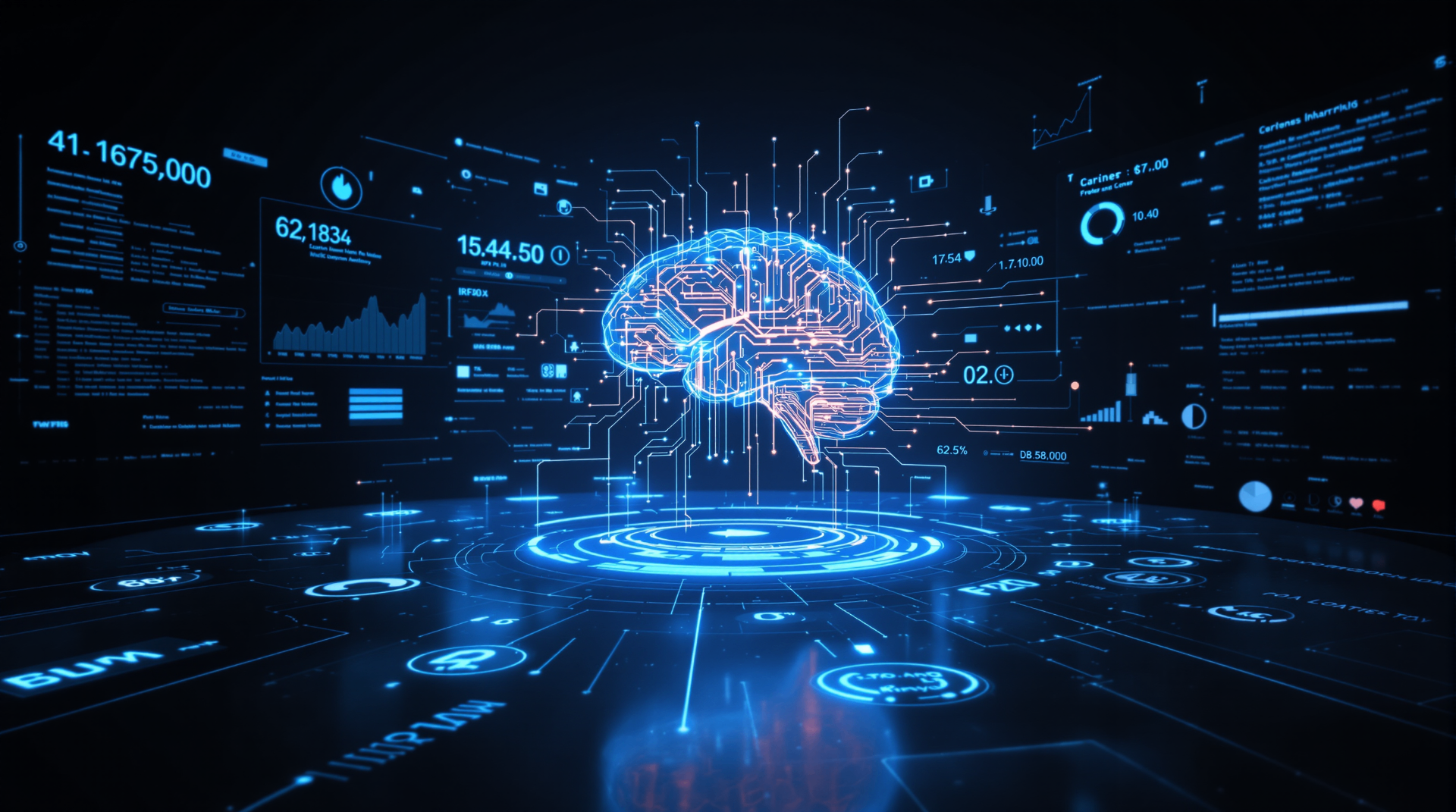 What Is Business Process Efficiency and How AI Helps Improve It - Futuristic AI brain visualization surrounded by data analytics charts and performance metrics in digital space