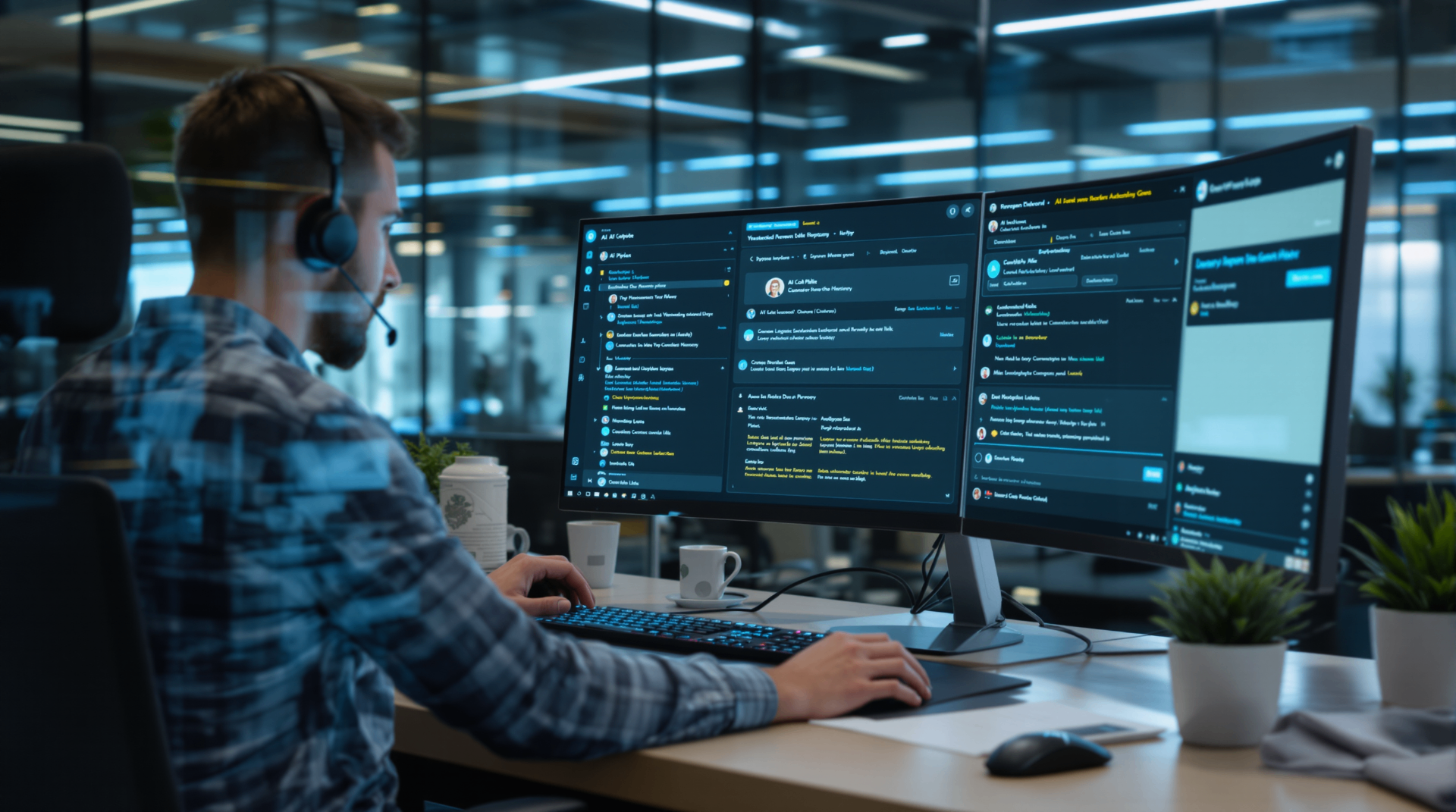 Reducing Customer Service Costs with AI: Where to Start - Customer service agent working at modern call center with multiple AI-powered monitoring screens