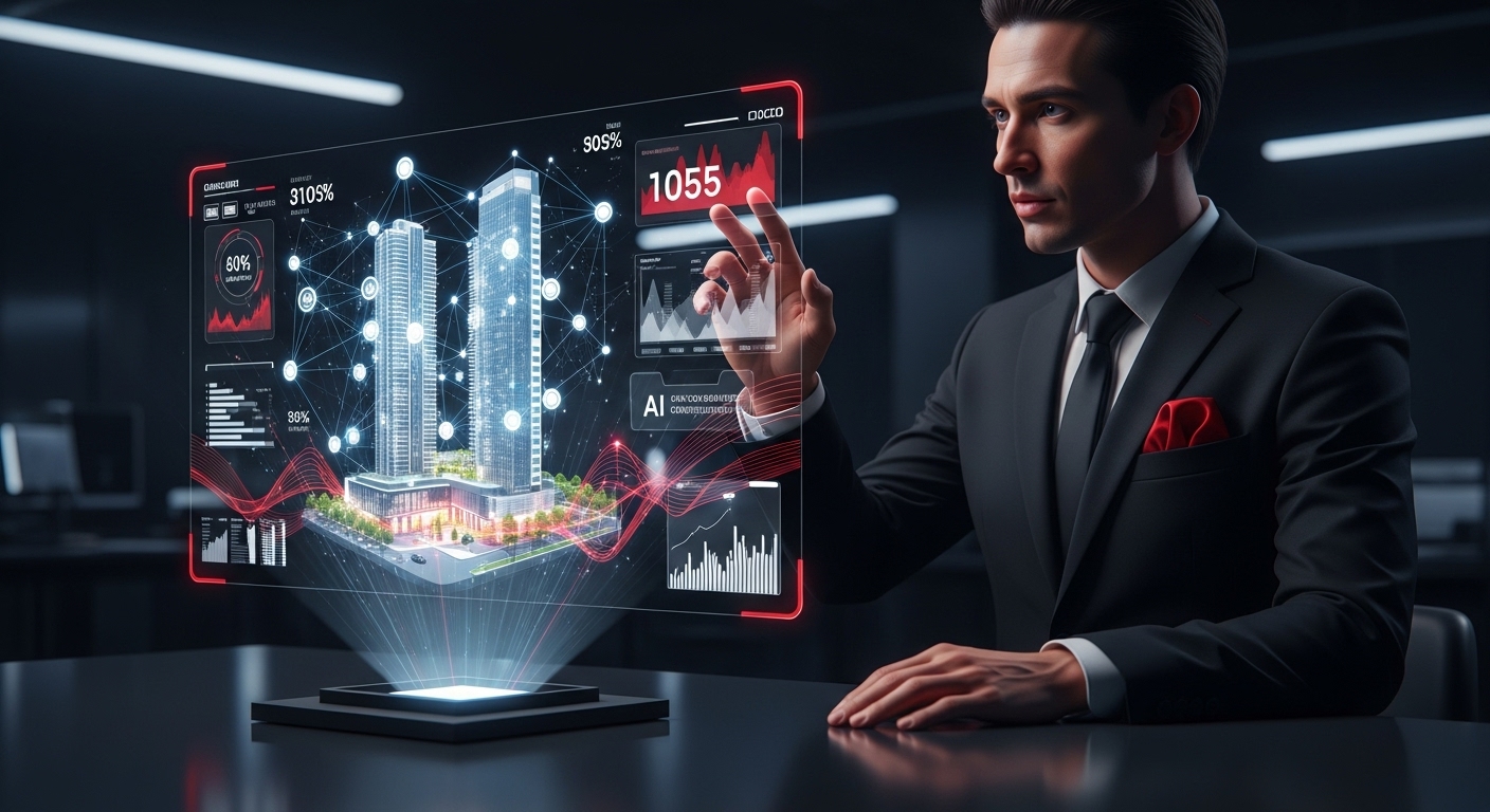 AI in Real Estate: Use Cases and Benefits - Advanced analytics control room with multiple displays showing real-time data and strategic planning interfaces