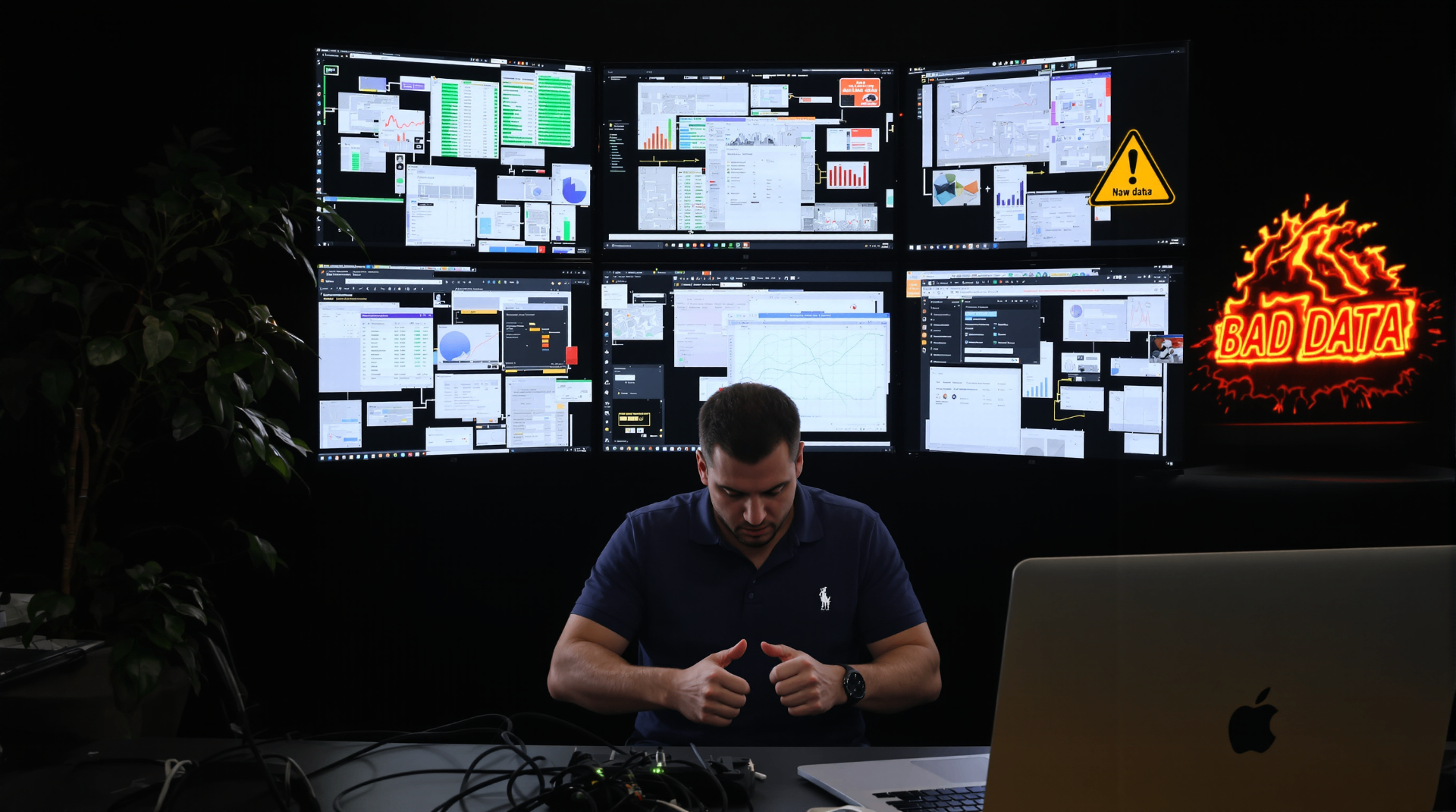 Top-5 Mistakes Startups Make When Implementing AI - Messy data pipeline with broken connections and poor quality data flowing into AI system