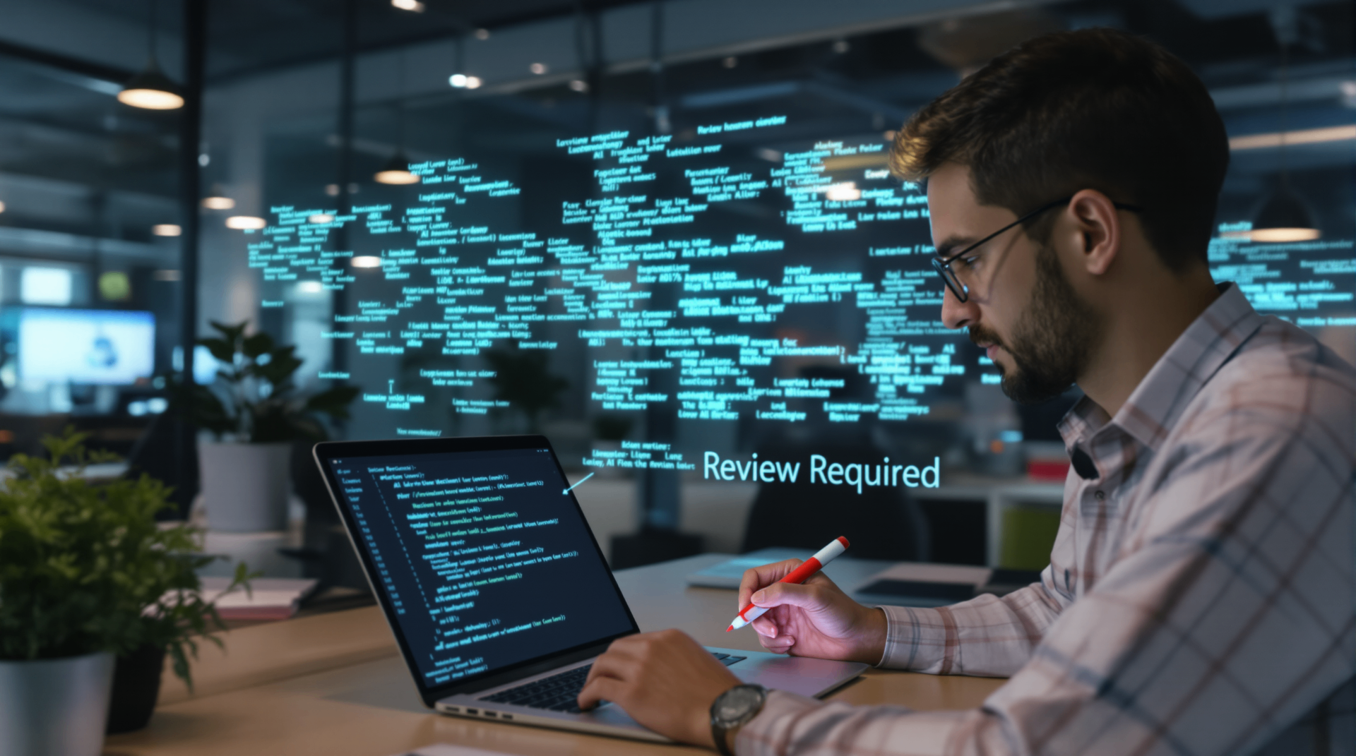 AI Development Costs: Why Deploying a Model Is Easy – but Not Cheap - Developer reviewing AI code with holographic displays showing system maintenance requirements