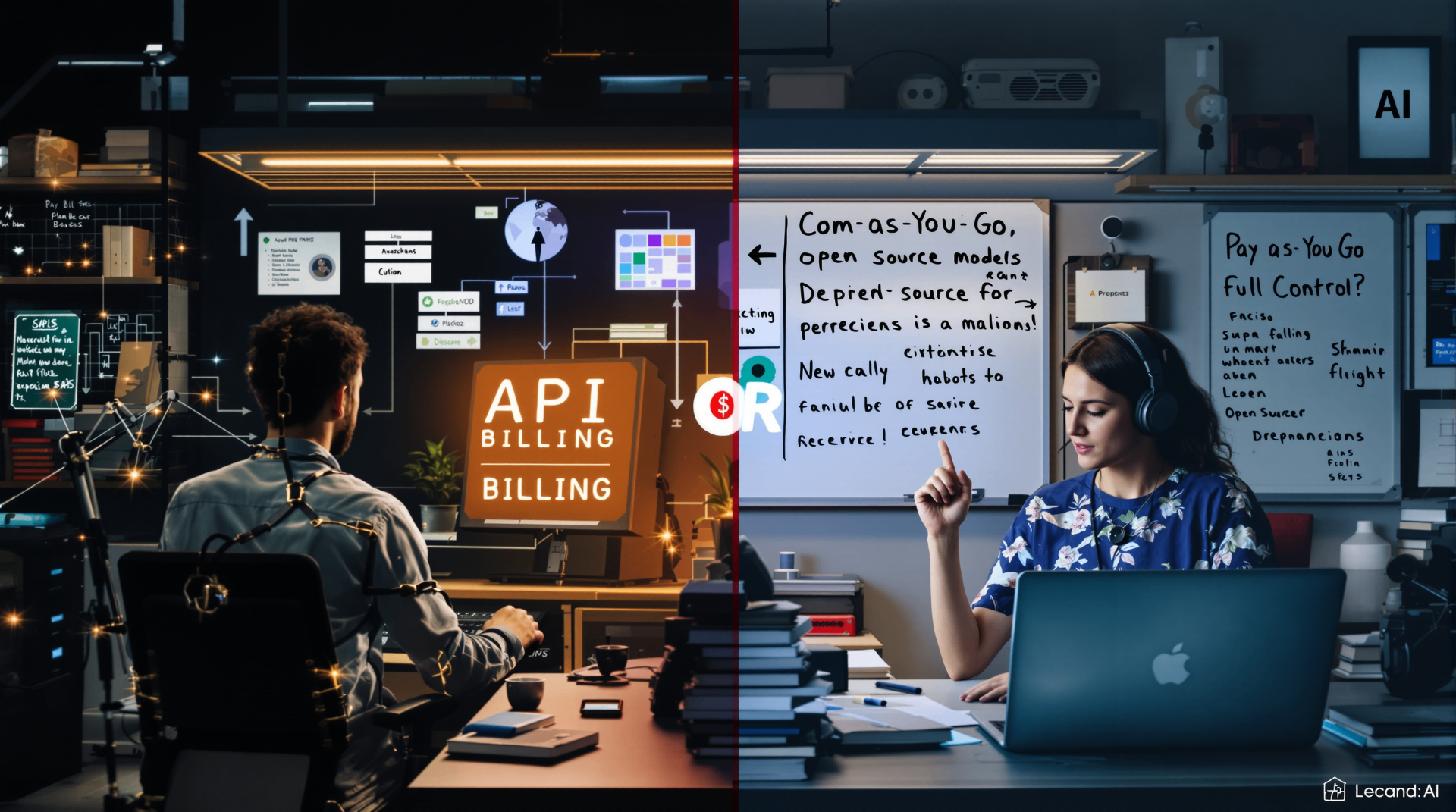 Can a Model Learn on Its Own? Understanding AI Training, Fine-Tuning and the Need for Oversight - Split-screen view comparing API billing models with open source alternatives and their trade-offs