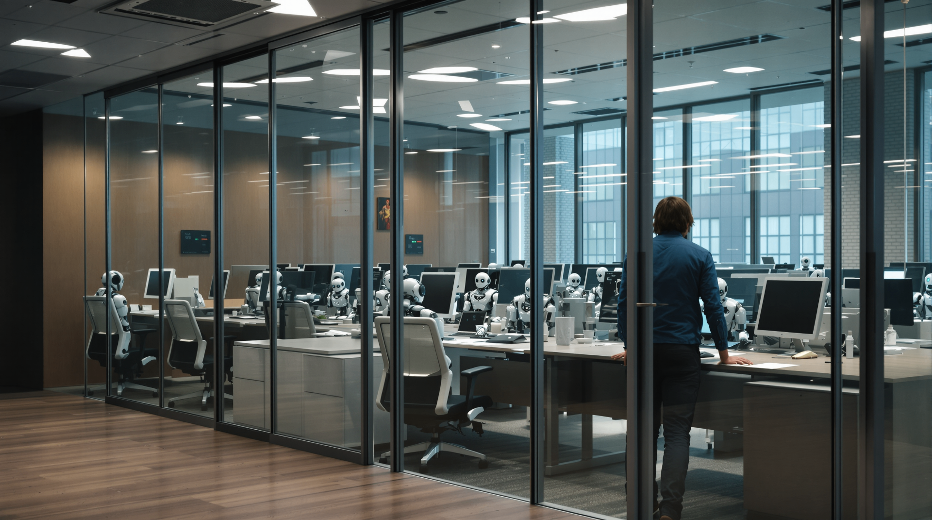 Top-5 Mistakes Startups Make When Implementing AI - Sad employees being replaced by robots while company executives celebrate cost savings