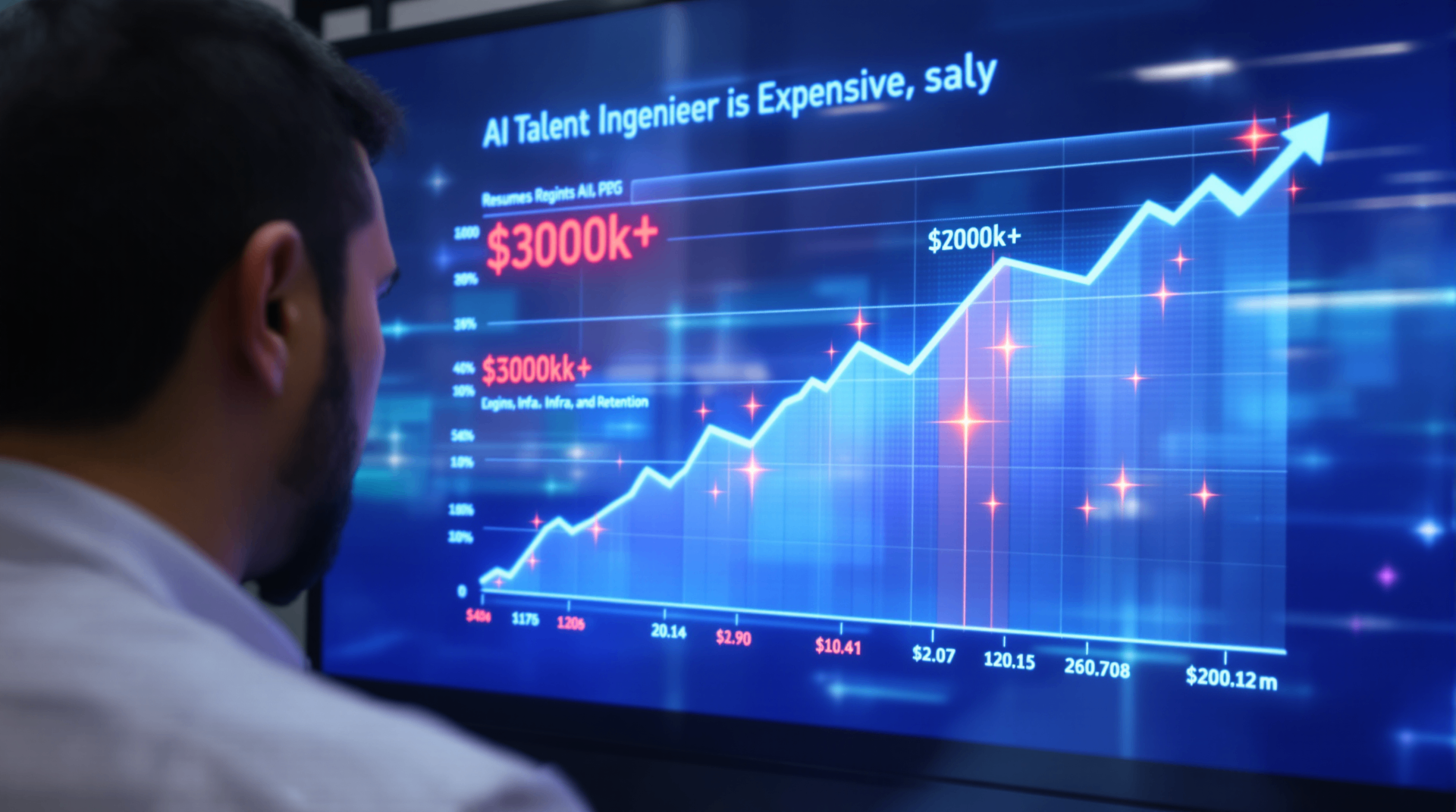 AI Development Costs: Why Deploying a Model Is Easy – but Not Cheap - Analytics dashboard showing rising AI talent costs with $300k+ salary figures and growth charts