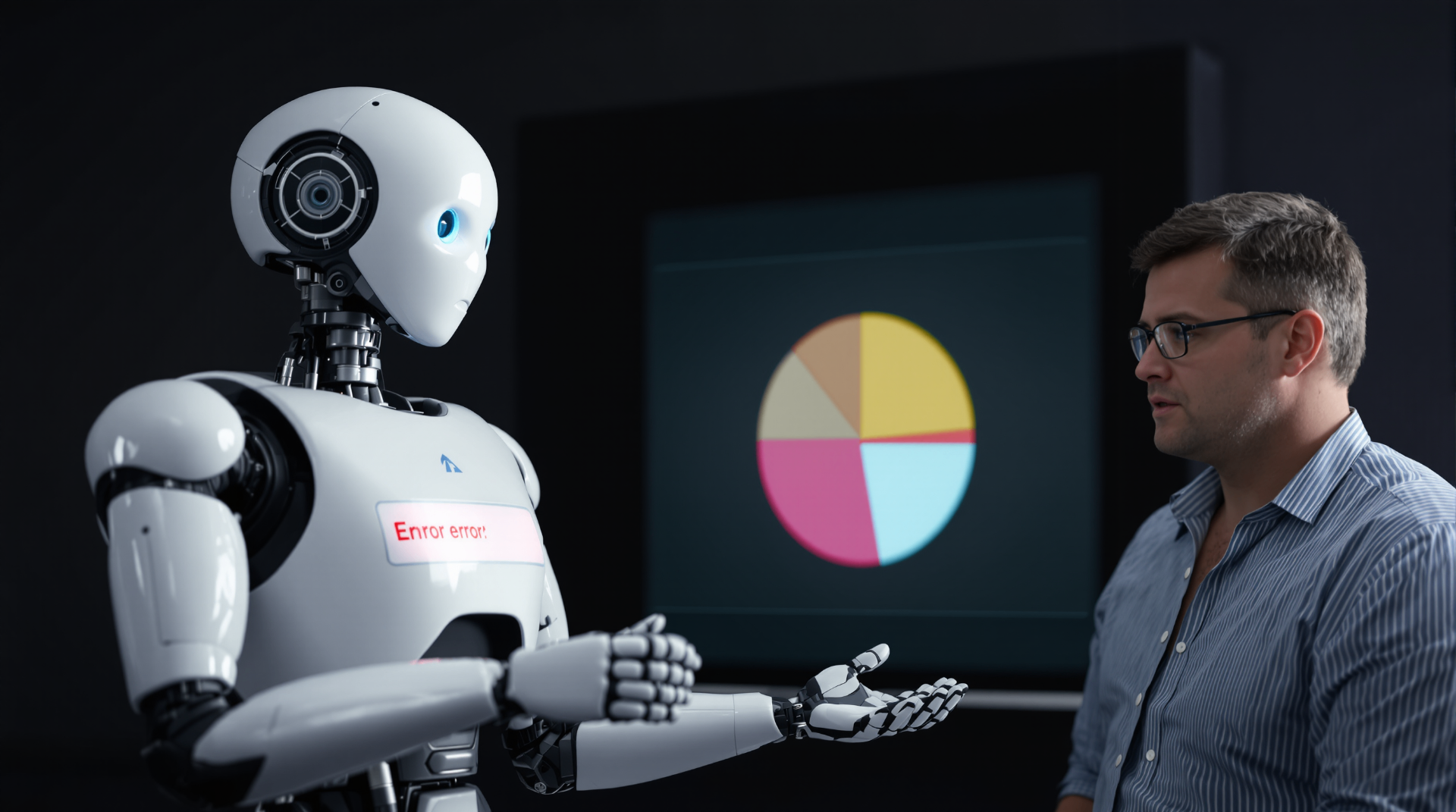 Top 10 Mistakes Companies Make When Implementing AI - AI robot with error message interacting with human specialist in office setting