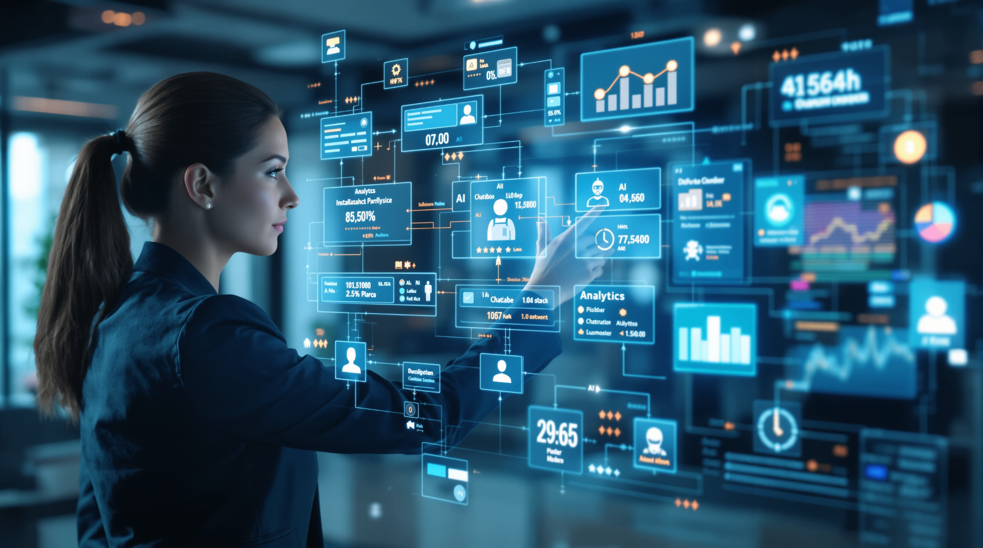 No‑Code AI Management: Empowering Business Teams to Control AI Without Coding - Team collaborating around table with AI visualization holograms