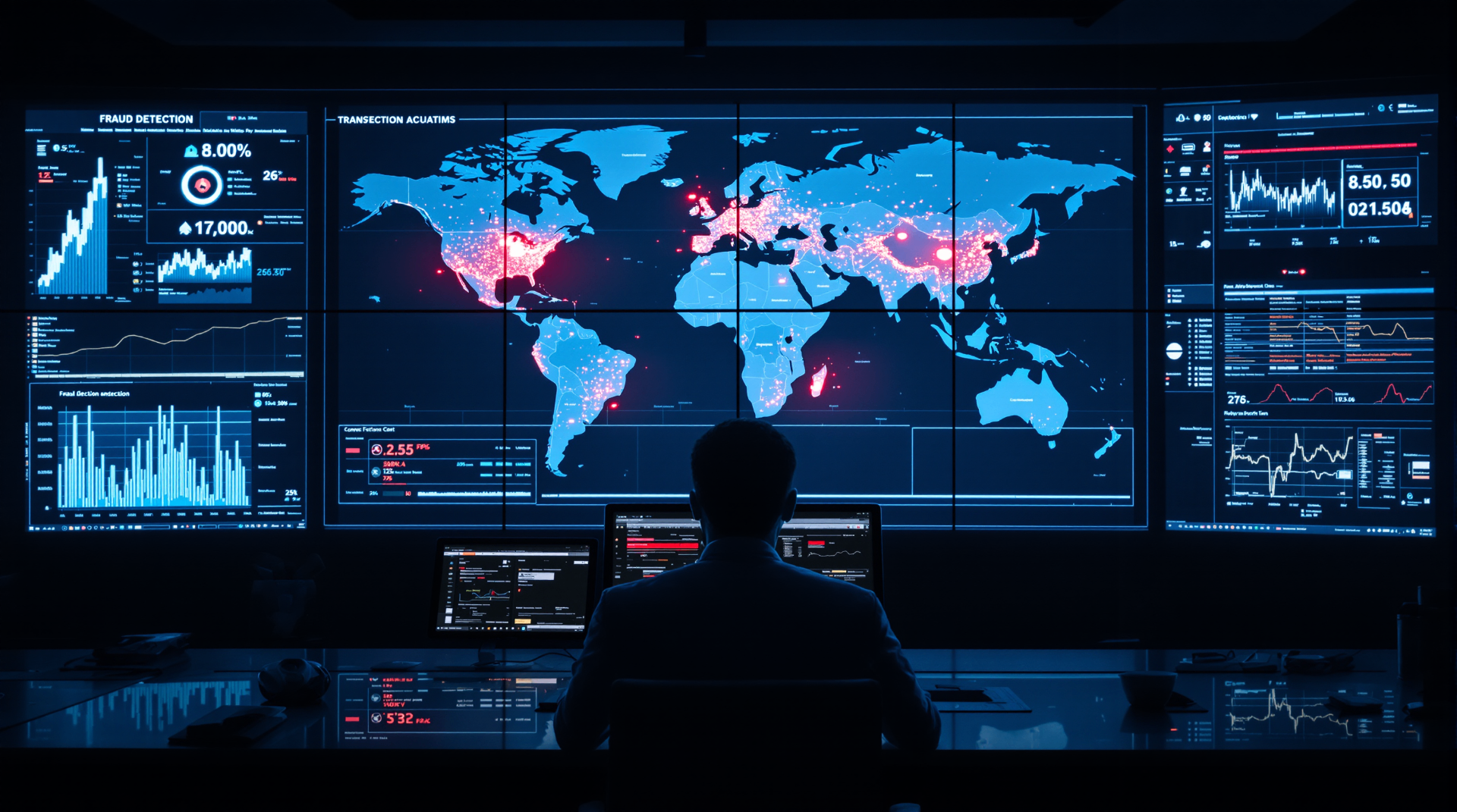 Top 5 Use Cases of AI in Fintech - Financial analyst monitoring fraud detection systems on multiple screens with global transaction data and real-time security analytics