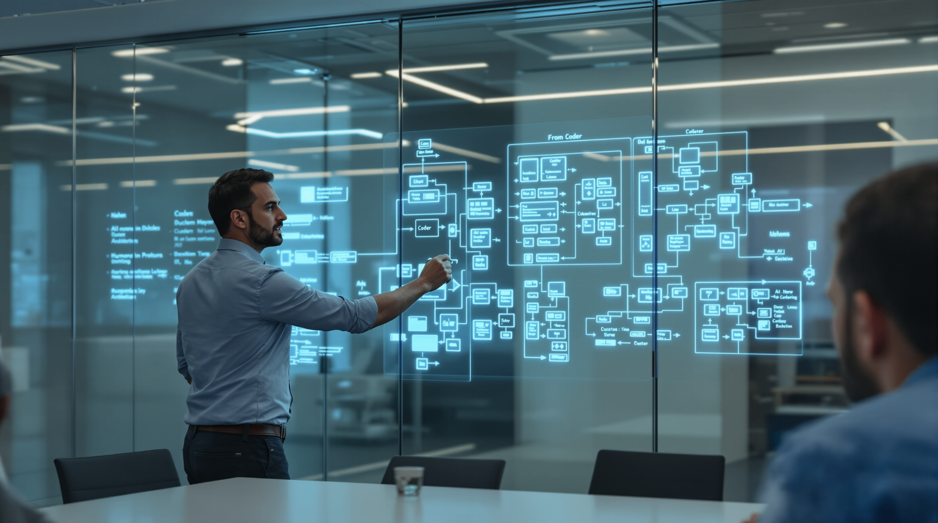 Will Programmers Soon Disappear? Agentic AI, Coding Assistants and the Future of Software Development - Developer working with holographic system architecture diagrams and design patterns