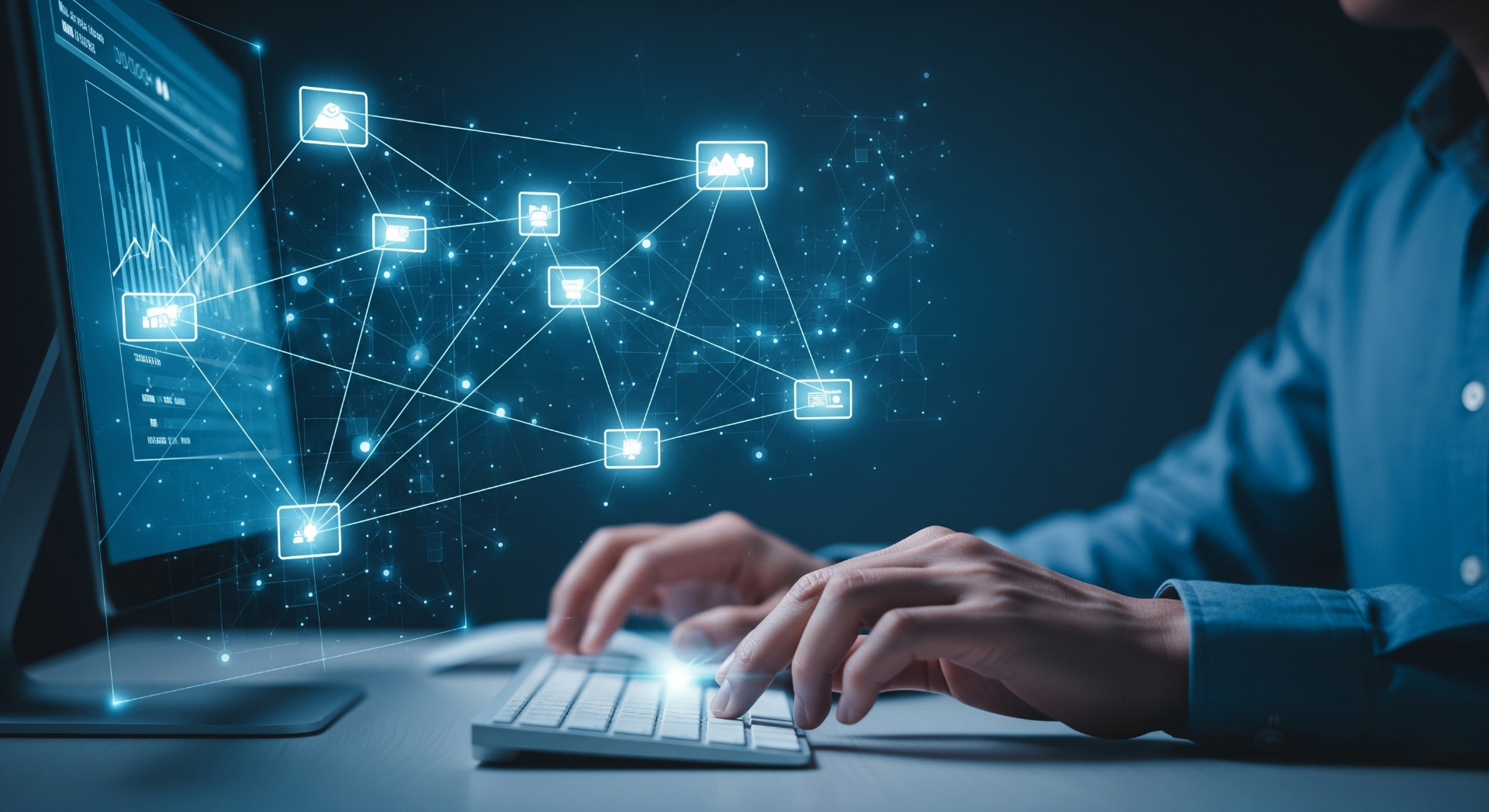 Knowledge Base Management with AI: Better Support, Less Effort - Professional working with AI-powered network interface showing connected data nodes and information systems