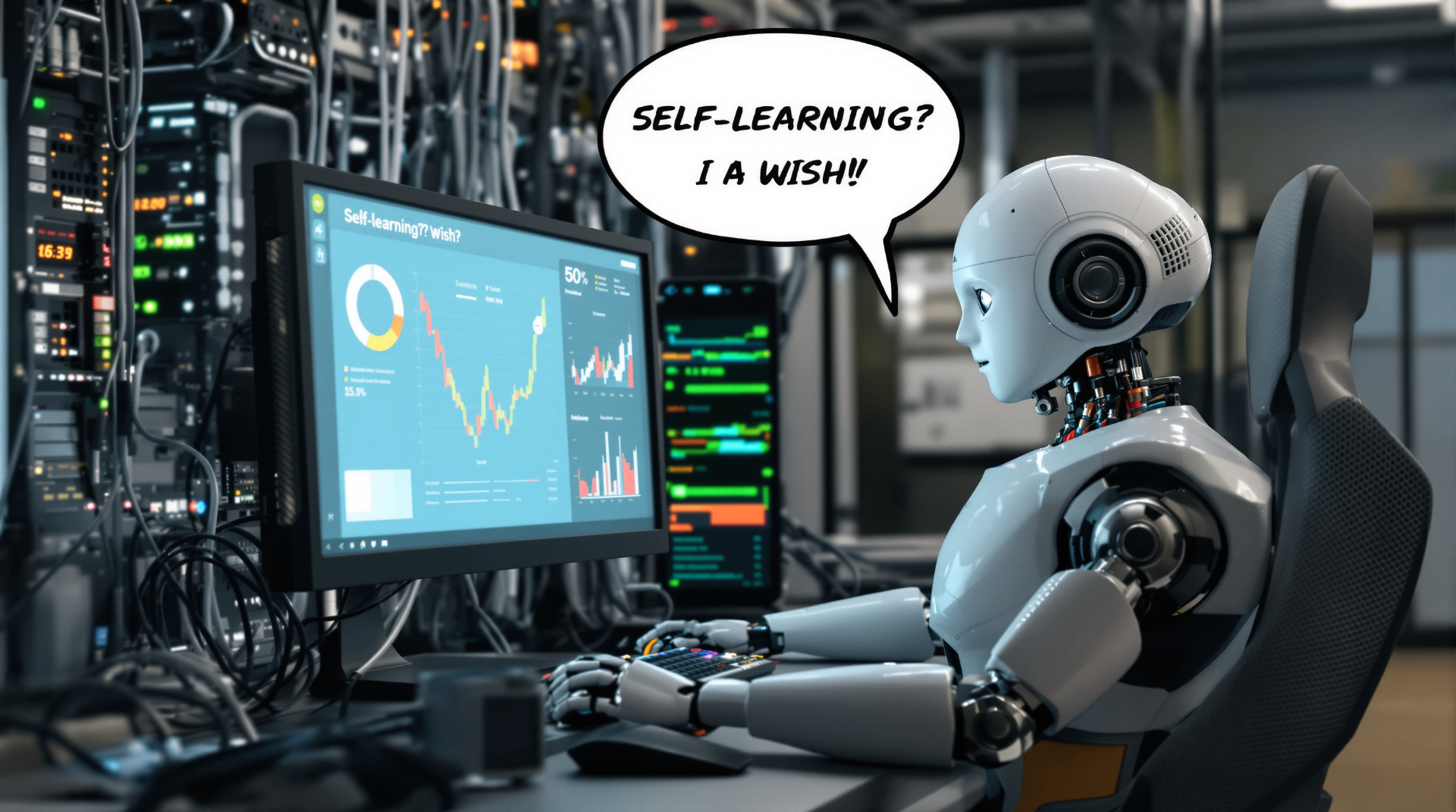 Top 5 Silly Questions About AI (and Why They're Myths) - Robot at computer workstation with analytics displays and speech bubble saying "SELF-LEARNING? I A WISH!" illustrating AI training reality