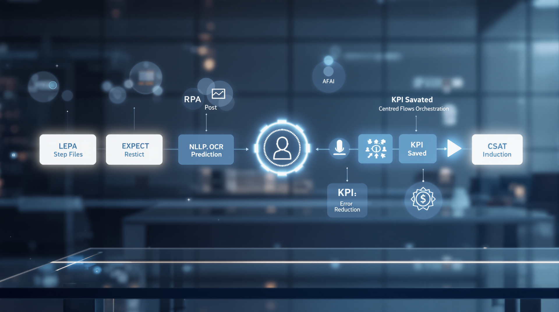 RPA vs. AI: What's the Right Automation Tool for Your Business? - RPA workflow diagram showing NLLP OCR prediction, KPI metrics, and automated process orchestration