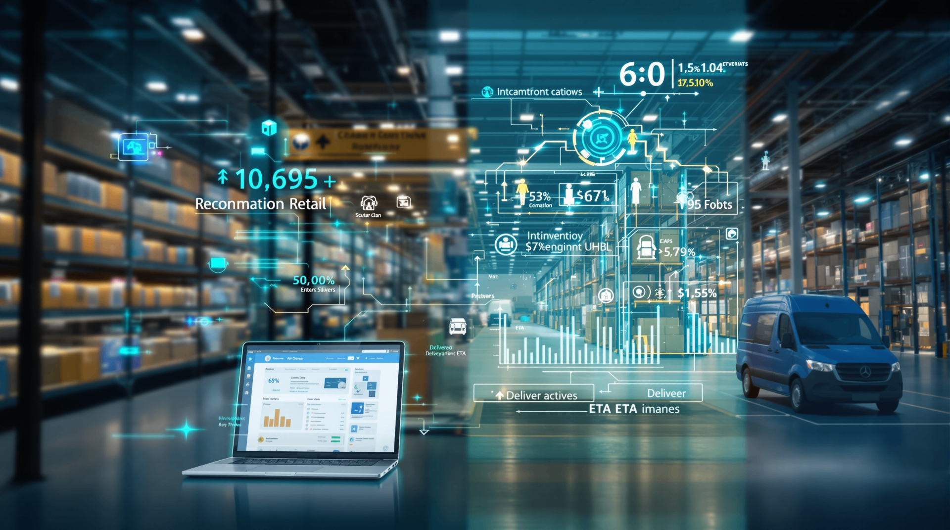 AI in Retail and E‑Commerce: Trends You Can't Ignore - Warehouse with AI analytics overlay showing delivery metrics and inventory data