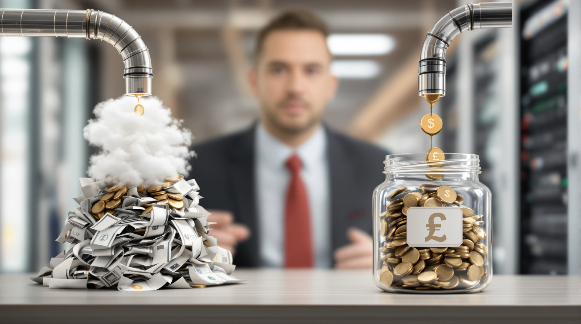 The Strategic Repatriation: How a FinTech Leader Cut Infrastructure Spend by Over 50% by Moving Beyond the Public Cloud - Business professional analyzing cloud infrastructure costs with visual representation of money optimization and savings